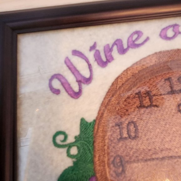 Embroidered 8" x 6" Frame Says Wine O'clock Clock Face Grapes Leaves Harbortown - Picture 6 of 8